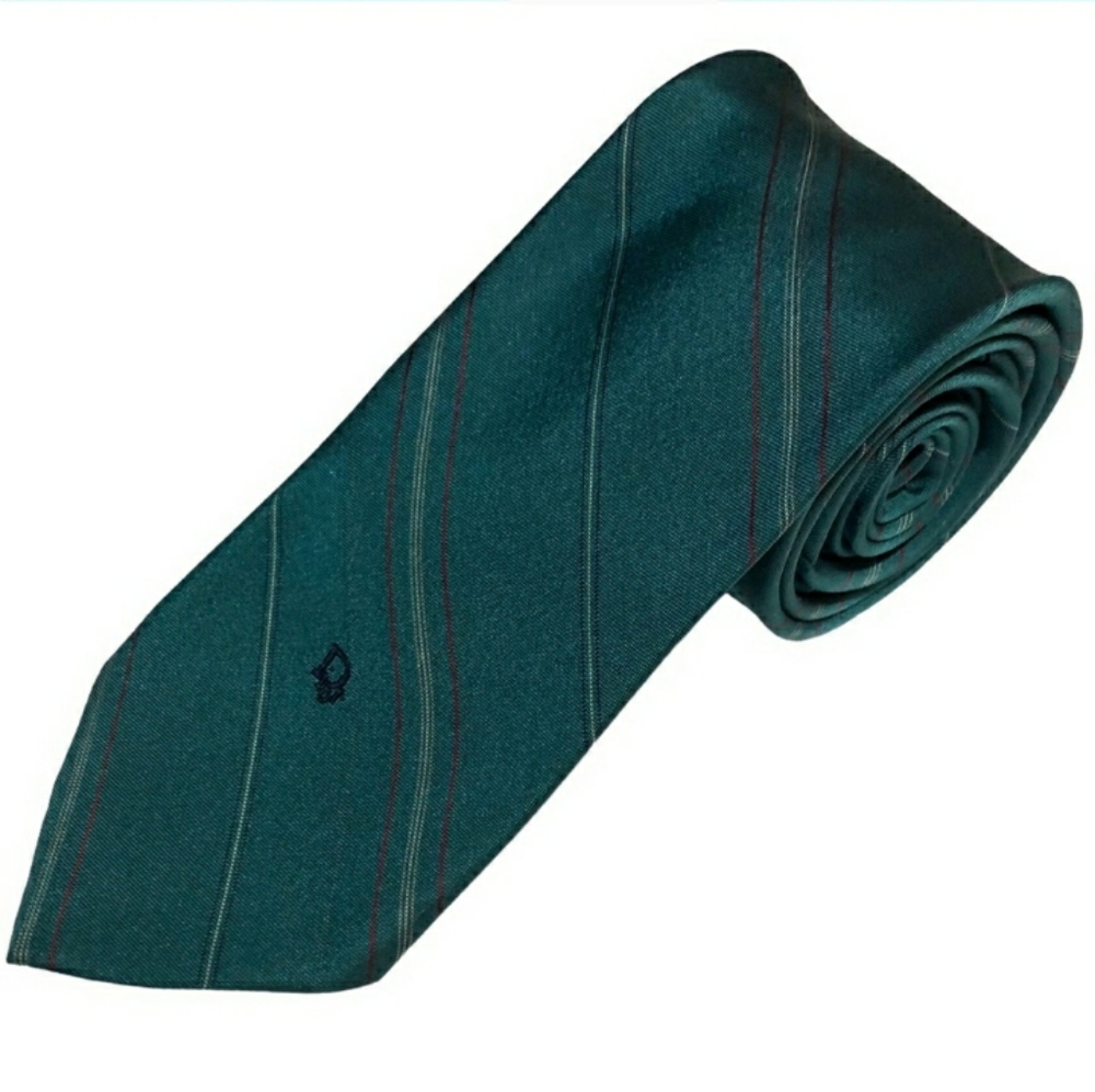 CHRISTIAN DIOR Teal Striped Silk Blend Tie- VINTAGE - Picture 7 of 8